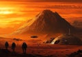 Mars Colony at Sunset Ã¢â¬\' Astronauts Exploring Red Planet Settlement Under Orange Sky Royalty Free Stock Photo