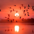 flamingos in a lake at sunrise