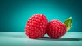 Striking Still-Life of Two Raspberries on Luminous Turquoise Pastel Background. Generative Ai