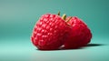 Striking Still-Life of Two Raspberries on Luminous Turquoise Pastel Background. Generative Ai