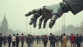 AI Control and Societal Influence A Robotic Hand Manipulating Miniature Crowd Royalty Free Stock Photo