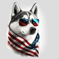 Siberian Husky Dog Wearing Sunglasses, American Flag 4th Of July Theme - Generative AI Royalty Free Stock Photo