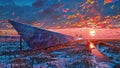 Marshland Marvel: Sunset Glow on Solar Panels, generative ai Royalty Free Stock Photo