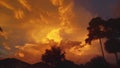 A striking sunset sky is marred by the looming presence of a hurricane its center resembling a watchful and allseeing