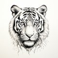 Striking Tiger Head Sketch: Symmetrical Patterns In Black Ink Royalty Free Stock Photo