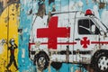 A striking urban art installation of an ambulance painted on the side of a building, A graffiti-style depiction of emergency Royalty Free Stock Photo