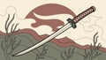 Samurai katana in a stark, arid landscape at sunset, vector design Generative AI Royalty Free Stock Photo