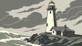 Resilient Lighthouse Overlooking Crashing Waves Under Tempestuous Skies, vector design Generative AI Royalty Free Stock Photo
