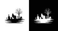 Halloween Graveyard Silhouette with Ghost and Bare Tree - Black and White Vector Illustration Royalty Free Stock Photo
