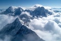 A striking view captures the pinnacle of a mountain emerging triumphantly amidst swirling clouds, Majestic peaks of the Swiss Alps