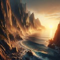 A striking view of towering cliffs and a vibrant sunset, with the ocean's waves creating a dynamic foreground.