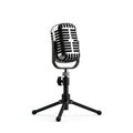 A classic vintage retro microphone on a small tripod stand, isolated on a white background, perfect for music, podcasting, or Royalty Free Stock Photo