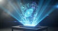 Futuristic holographic projection displaying complex data and blue light beams emanating outward Royalty Free Stock Photo