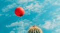 Red balloon floating near spiky cactus under a clear blue sky. surreal contrast concept. ideal for unique backgrounds