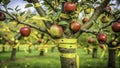 A Striking Visual Metaphor Yellow Adhesive Air Raid Warning on an Apple Tree Symbolizing Environmental Impact and