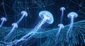 Digital Ocean Bioluminescent Jellyfish Floating in Abstract Cybernetic Network and Data Streams Royalty Free Stock Photo