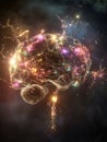 A striking visualization of a human brain crafted from vibrant neural networks and synapses, featuring ample copy space