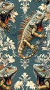 Exotic Iguana Pattern on Damask Background Royalty Free Stock Photo