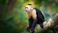 Striking Whiteheaded Capuchin Monkey in a Dark Tropical Forest A Study of Black and White Contrasts Amidst Lush Greenery at Dusk Royalty Free Stock Photo