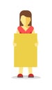 Striking woman holding empty yellow banner. Vector illustration