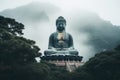 A strikingly beautiful, large Buddha statue peacefully resides atop a sprawling green hillside, Tian Tan Buddha in Hong Kong, AI