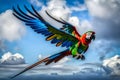 A strikingly colorful harlequin macaw taking flight against a backdrop of azure skies