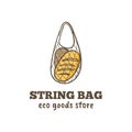 String bag doodle cartoon logo design for eco products store, family bakery shop or farmer`s market. Fresh loaf