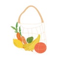 String bag full organic vegetables and fruits. Shopping with eco bag, mesh or net bag . Zero waste concept. Isolated vector