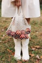 String bag with red apples. View of female legs in white boots walking through the autumn garden with eco bag in hands Royalty Free Stock Photo