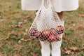 String bag with red apples. View of female legs in white boots walking through the autumn garden with eco bag in hands Royalty Free Stock Photo