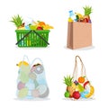 String bag and supermarket plastic bag full of fruit and vegetables.