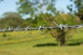 A string of barbed wire on a farm fence