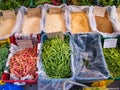 String Beans, Lentil and Grain Products at Market Stall, Greece Royalty Free Stock Photo