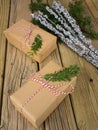 String and brown paper parcels with christmas decoration Royalty Free Stock Photo