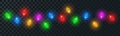 String of colorful holiday lights, Christmas lights isolated realistic design elements, glowing lights for greeting card design