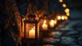 A string of flickering lanterns leads into a cave its depths shrouded in darkness and the sound of whispers echoing from