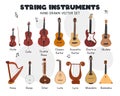 String instruments vector set. Violin, cello, double bass, guitar, ukulele, harp, lyre string instrument clipart cartoon style Royalty Free Stock Photo