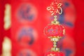 A string of lantern ornaments hung before the red spring couplets.The Chinese character on the lantern means `good luck` Royalty Free Stock Photo