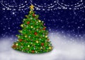 Illustration of Beautiful Decorated Christmas Tree in Night Snowy Scene Royalty Free Stock Photo