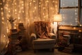 string lights illuminating a cozy reading nook