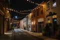 String lights over Chapel Street at night in Butchers Hill, Baltimore, Maryland