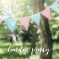 String of pastel bunting flags hanging among trees. Summer birthday garden party decoration. Brazilian June party, Festa Royalty Free Stock Photo