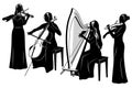 String Quartet Silhouettes Set. Women orchestra playing on violins, cello and celtic harp symphonic music.