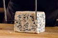 String for slicing blue cheese. Mix of cheeses on plate. Slicing dorblu, gorgonzola, roquefort. French gourmet cuisine.