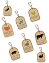 String tags, meat labels.