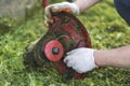 String trimmer cleaning after cutting the grass, workflow Royalty Free Stock Photo