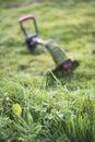 String trimmer lies on mown lawn middle of the yard Royalty Free Stock Photo