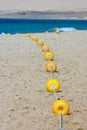 String of yellow marker buoys on sandy beach Royalty Free Stock Photo