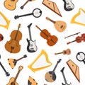 Stringed musical instrument with strings, bluegrass mandolin, banjo and lute, guitar seamless pattern vector