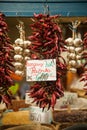 Strings of hot paprika peppers Royalty Free Stock Photo